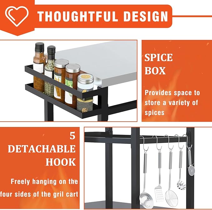 20"x 32" Grill Table with Double-Shelf, Stainless Steel Grill Cart, Multifunctional Food Prep and Pizza Oven Table for Ninja Grill, Blackstone Griddle 17"/22"