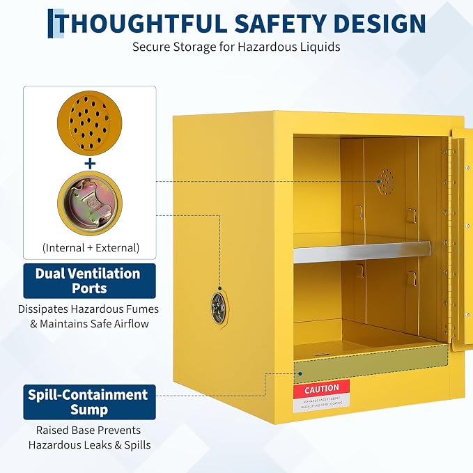 Hazardous Storage Flammable Cabinets, Fire Resistant Safety Cabinet for Flammable Liquids | Cold-Rolled Steel Construction w/Spill Containment Tray, Ventilation Holes & Grounding | Adjustable Shelf
