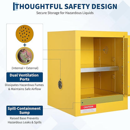 Hazardous Storage Flammable Cabinets, Fire Resistant Safety Cabinet for Flammable Liquids | Cold-Rolled Steel Construction w/Spill Containment Tray, Ventilation Holes & Grounding | Adjustable Shelf