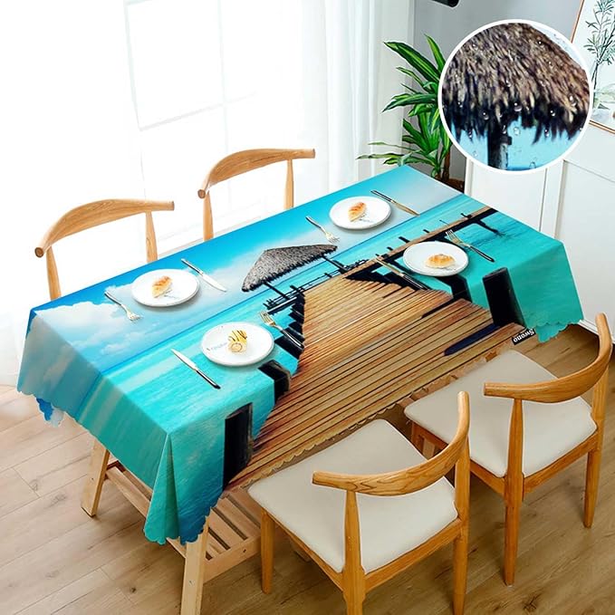 Swono Wooden Dock Rectangular Tablecloth Ocean Beach Tropical Island Seashore Washable Table Cloth Kitchen Dining Room Table Cover for Party Dinner 50x72 Inch Tablecloths
