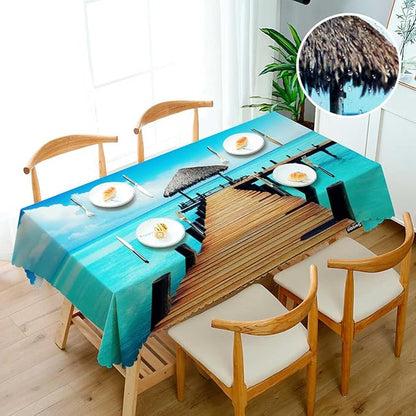 Swono Wooden Dock Rectangular Tablecloth Ocean Beach Tropical Island Seashore Washable Table Cloth Kitchen Dining Room Table Cover for Party Dinner 50x72 Inch Tablecloths