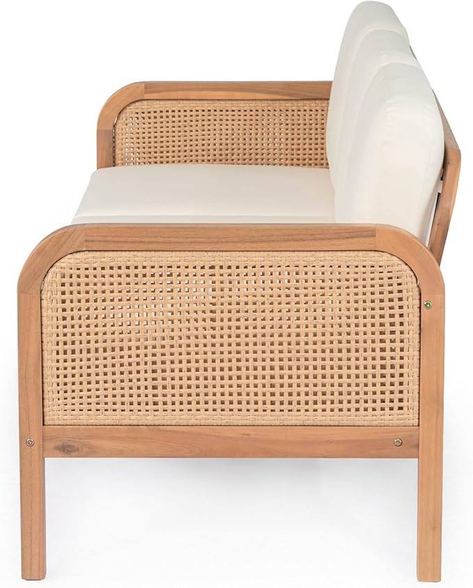 Christopher Knight Home Jidah Acacia Wood Outdoor 3 Seater Sofa with PE Wicker Armrest, Solid Wood Patio Sofa with Removable Cushion, Comfy Lounge Sofa for Patio Furniture Set, Light Teak+Beige