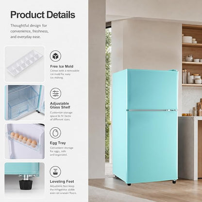 Retro Fridge with Freezer, 3.5 Cu. Ft. Mini Fridge Aqua Blue | Small Refrigerator with 7-Level Adjustable Thermostat, Retro Compact Refrigerator 2-Door Fridges for Apartment/Dorm/Office/RV