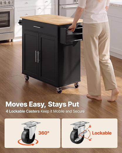 VEVOR Kitchen Island Cart with Storage, 42.28 in Wide Mobile Rolling Storage Island on Swivel Wheels, with Drawer, Storage Cabinet, Drop Leaf, Spice Rack, Table for Home Dining Room, Black