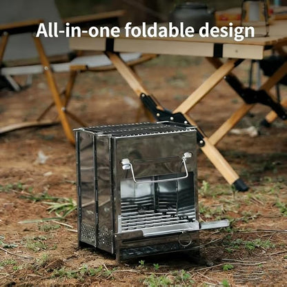Portable Folding Stainless Steel Camping Wood Burning Stove and Charcoal BBQ Grill