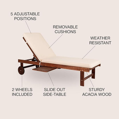 JONATHAN Y Seabrook 23.62" x 68.9" Acacia Wood Outdoor Chaise, Dark Brown | 5-Position Adjustable Back, Ivory Polyester Cushion, Pull-Out Side Table, Built-In Wheels, 600lb Capacity, Modern Coastal