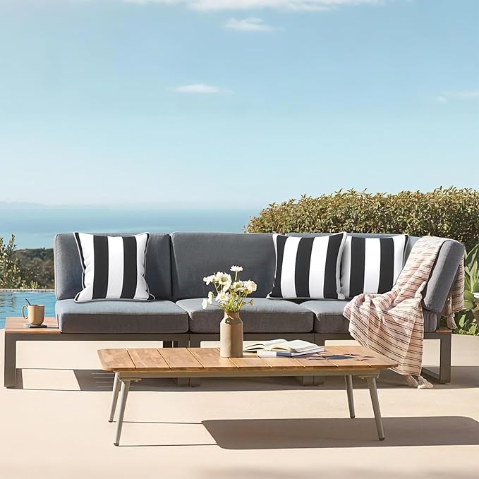 LVTXIII Outdoor Pillow Covers Set of 2, Patio Waterproof Throw Pillow Cases Fade Resistant Accent Pillow Covers for Spring Summer Garden Decoration, 20x20 Inch, Cabana Black