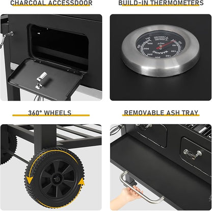 Outdoor Charcoal Grill with 2 Wheels and Individual & Adjustable Charcoal Doors, Compact Iron BBQ Grill for Party Picnic Hiking Backyard Cooking, Asadores de Carbon (Black)