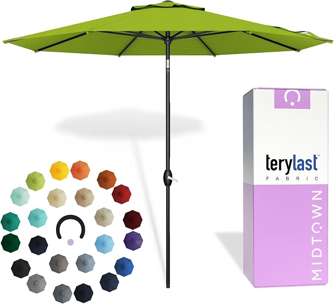 Midtown Umbrellas - 10-Year-No-Fade 8 Ft Patio Umbrella with Terylast Fabric, Auto-Tilt Aluminum Frame and 8 Reinforced Ribs for Deck, Pool, Garden & Beach - Pear Green Canopy, Black Pole