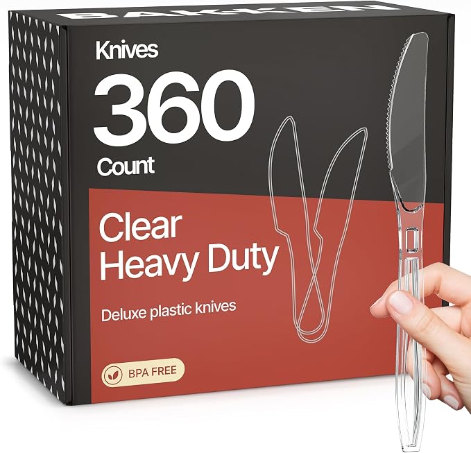 Bakken Disposable Cutlery Set 360 Pieces Knives, Heavy Duty Plastic Silverware, BPA-Free Food-Grade Materials, Heat-Resistant, Reusable Utensils for Parties, Catering, BBQs, and Everyday Use, Clear