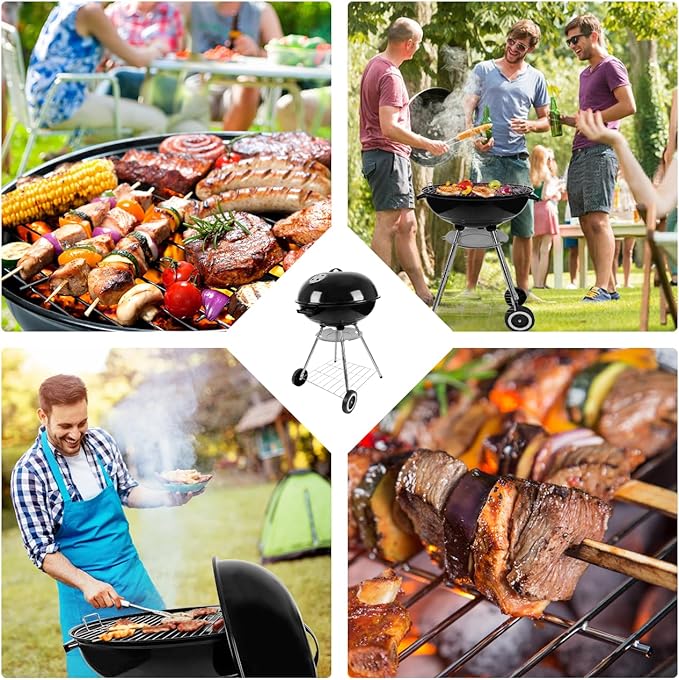 22-Inch Charcoal Kettle Grill with Enamel Lid, Portable Outdoor Grill with Wheels
