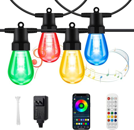 BBG Outdoor String Lights 50FT RGBW - 2700K Patio Lights Outdoor Waterproof, 24V Stable Power System, 20 Shatterproof Bulbs, Dimmable, APP & Remote Control, Linkable, Music Sync, Timer for Backyard