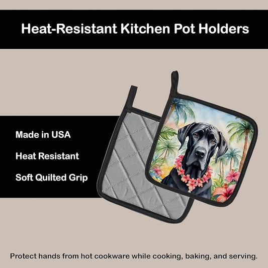 Caroline's Treasures Great Dane Luau Pair of Pot Holders Kitchen Heat Resistant Pot Holders Sets Oven Hot Pads for Cooking Baking BBQ, 7 1/2 x 7 1/2