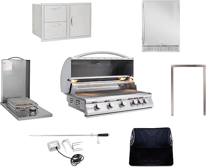 BLAZE BBQ Outdoor Package of 40” LTE Built-in Gas Grill, Gas Dop-In Single Side Burner, 32” Door & Two Drawers Combo, 24” Refrigerator and Accessories (Grill Cover, Fridge Trim, and Rotisserie Kit)