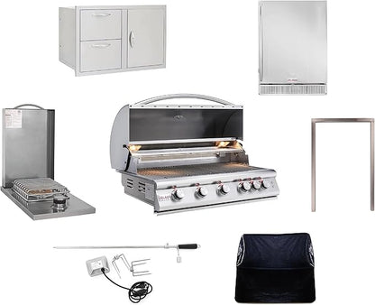 BLAZE BBQ Outdoor Package of 40” LTE Built-in Gas Grill, Gas Dop-In Single Side Burner, 32” Door & Two Drawers Combo, 24” Refrigerator and Accessories (Grill Cover, Fridge Trim, and Rotisserie Kit)