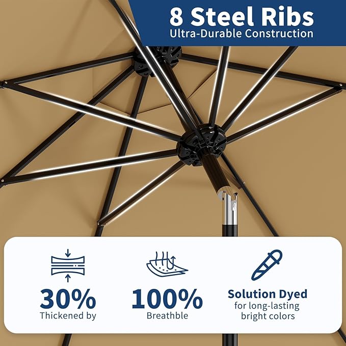 9 ft Patio Umbrella - 8 Sturdy Ribs Outdoor Table Umbrella with Crank Lift & Push Button Tilt - Market Umbrella for Pool, Deck, Yard, Garden - Tan
