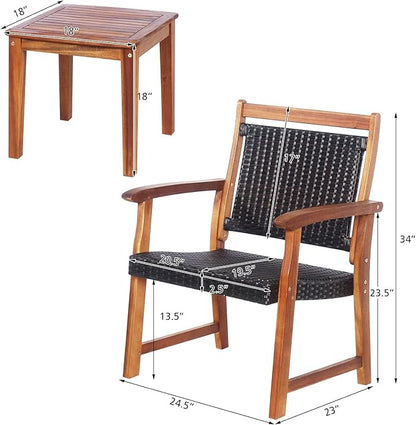 Tangkula 3-Piece Patio Acacia Wood Bistro Set, Patiojoy Outdoor Furniture Set with 2 Chairs & Side Table, Weather Resistant Rattan Garden Conversation Chair Set for Pool Side, Deck, Balcony