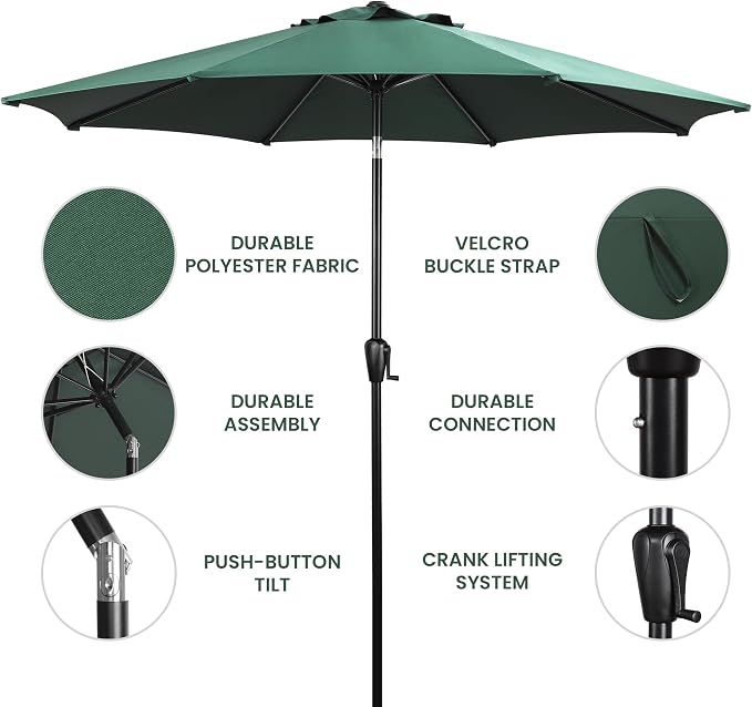 Sun-Ray 9' Round Patio Umbrella with Push-Button Tilt and Hand Crank Lift System, Market Umbrella for Porch, Deck, and Patio