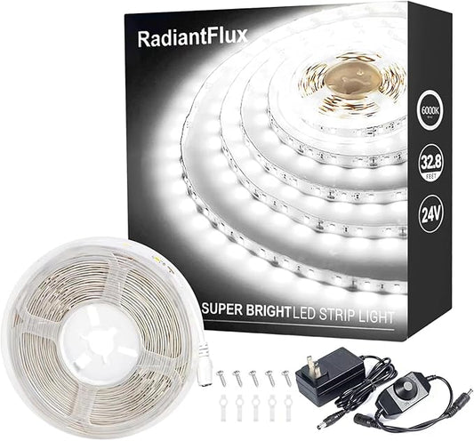 Small Led Light Strip, 12V Updated 24V Dimmable Cuttable LED Lights Strip, 32.8ft 600Leds, Super Bright LED Tape Lights for Living Room, Bedroom, Kitchen, Vanity Mirro,Flexible LED Light Strips