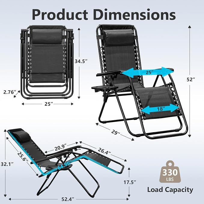 Zero Gravity Chair, Adjustable Lounge Chair, Outdoor Recliner, Folding Anti Gravity Lounge Chairs, Lawn Chairs Reclining with Pillow & Cup Holder