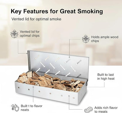 Smoker Box for Gas Grill,Wood Chip Stainless Steel Pellet Smoke Box for All Grills Oven,Hinged Lid, Heavy Duty BBQ Accessories Party Gift for Dad Men Barbecue Outdoor