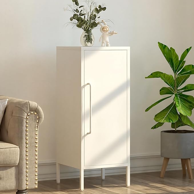 Metal Storage Cabinet with 2 Adjustable Shelves Small Storage Cabinets with Door for Office Kitchen Bathroom Living Room Pantry Garage (White)