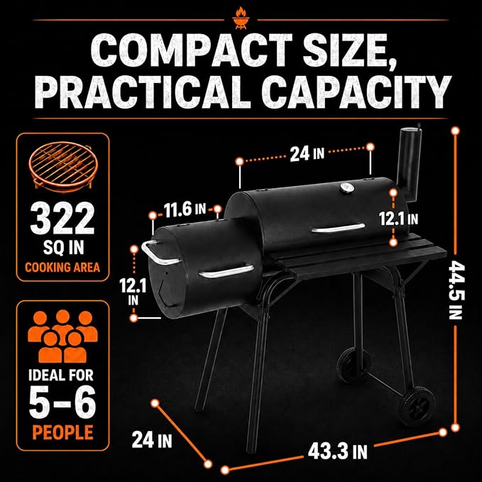 Outdoor Charcoal Grill & Smoker Combo - Dual Chamber, Heavy-Duty Steel, Black - Ideal for BBQ, Backyard Cooking, Camping - Portable Grill with Enhanced Thermometer, Easy Mobility，camping grill