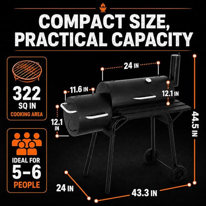 Outdoor Charcoal Grill & Smoker Combo - Dual Chamber, Heavy-Duty Steel, Black - Ideal for BBQ, Backyard Cooking, Camping - Portable Grill with Enhanced Thermometer, Easy Mobility，camping grill