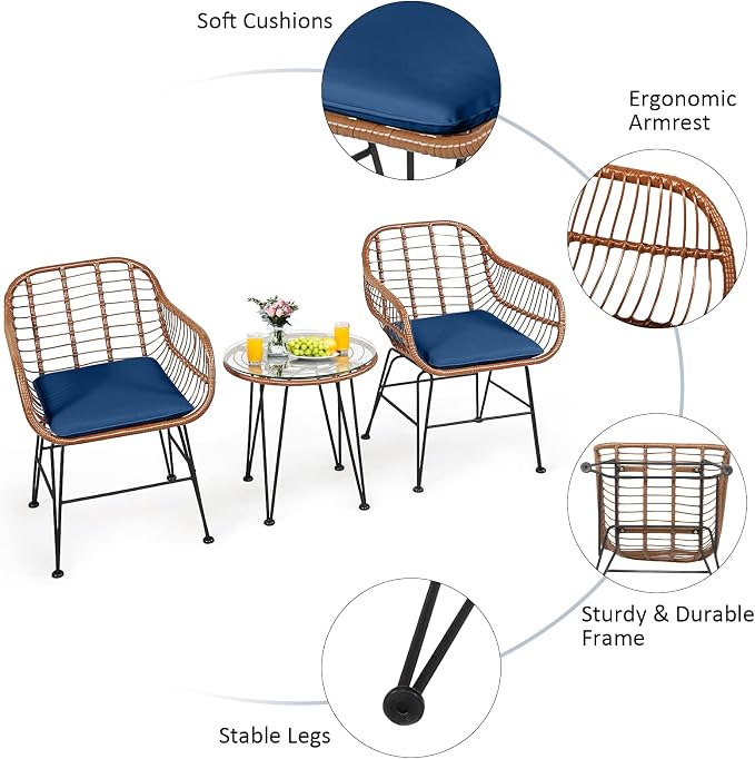 Tangkula 3 Pieces Patio Conversation Bistro Set, Outdoor Wicker Furniture w/Round Tempered Glass Top Table & 2 Rattan Armchairs, Bistro Chat Set w/Seat Cushions for Porch, Backyard, Garden