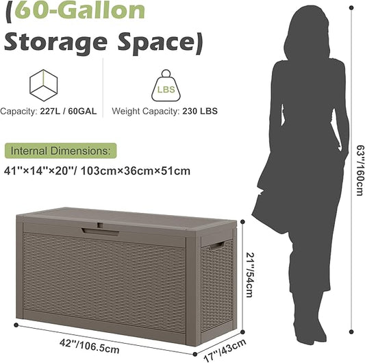 60 Gallon Outdoor Storage Deck Box Waterproof,Large Resin Storage Container for Outside,Patio Accessories for Outsid,Backyard Delivery Boxes,Lockable Lid,Rattan Gray