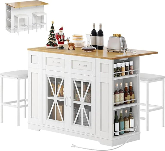 YITAHOME Kitchen Island with Seating | 47 Inch Mobile Storage Island with Drop Leaf, Power Outlet & Spice Rack, 2 Upholstered Stools and Footrest, White Oak
