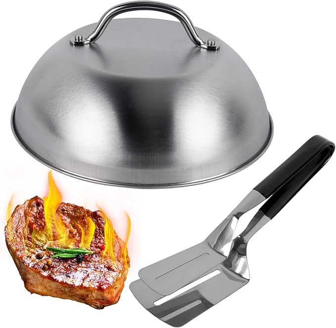 9” Blackstone Basting Cover Lid Dome for Griddle Cooking Basting, Griddle Accessories for Enhanced Flavor and Steaming Vegetables + 9.7" Spatula Steak Grill Tongs for Flipping Barbecue