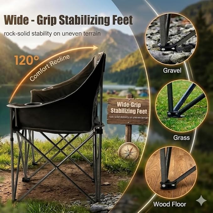 EMERIT Oversized Fully Padded Camping Chair, Heavy Duty 650LB Folding Camping Loveseat, Quad Fold Double Camping Couch with Cup Holders & Carry Bag for Outdoor, Lawn, Sports Events Black