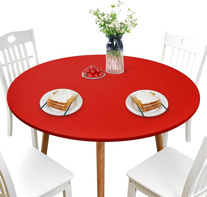 NEWISHER Round Fitted Table Cover Spandex Stretch Tablecloth 48 inch | Elastic Edged Table Cloth, Red Table Top Cover, Washable Tablecloth for Dining Picnic Patio