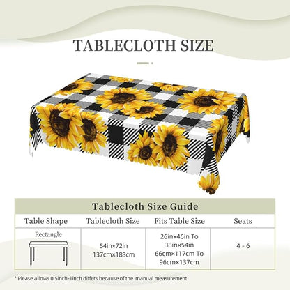 Sunflower Checkered Rectangular Tablecloth, Golden Sunflowers Table Cloth Washable Tablecloths Decorative Table Cover for Kitchen, Dining, or Parties 54x72 Inches