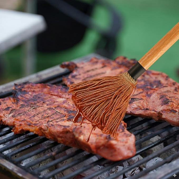 11.2 Inch BBQ Mop Brushes for Sauce, Grill Basting Mop Wooden Long Handle BBQ Mop with 1 Extra Replacement Heads for BBQ Grilling Smoking Steak
