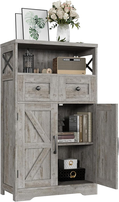 Befrases Farmhouse Storage Cabinet with Drawers and Adjustable Shelves, Freestanding Kitchen Pantry Storage Cabinet, Floor Storage Cupboard for Dining Living Room Home Office, Washed Grey