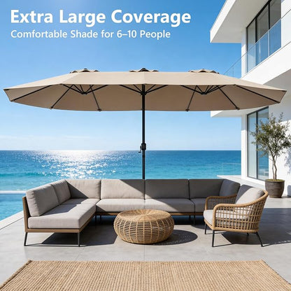 15FT Patio Umbrella, Double-Sided Outdoor Umbrella with base included, Large Standing Umbrella with Crank Handle & Ventilation, Rectangular patio umbrella for Pool, Backyard, Deck, Lawn & Beach