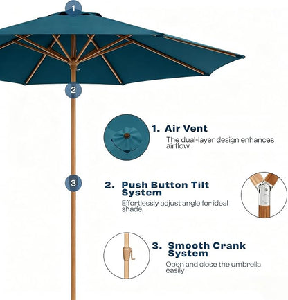 9ft Outdoor Patio Umbrella, Market Table Umbrella with Crank and Easy Push Button Tilt, Wood Grain Frame, UPF 50+ for Pool, Garden, Deck, Backyard
