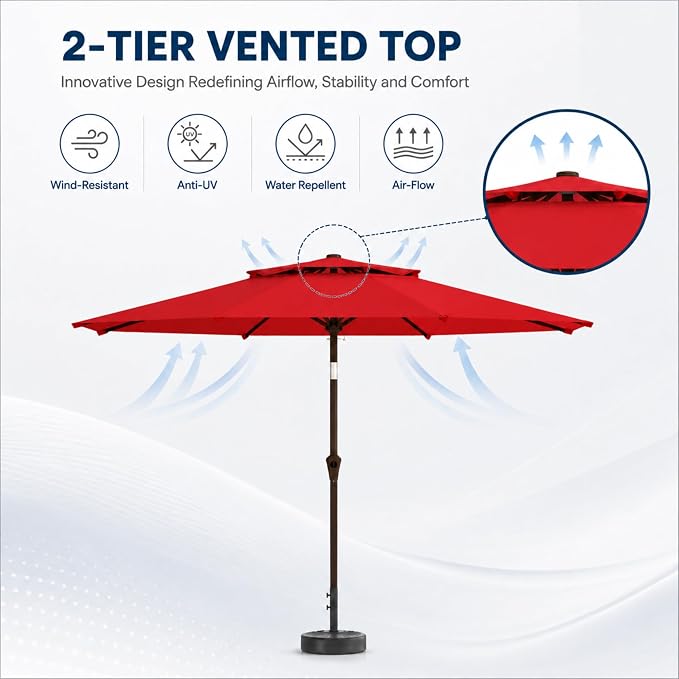10FT Patio Umbrella, 2 Tier Outdoor Table Umbrella, Large Vented Market Umbrellas with Push Button Tilt and Crank, 8 Sturdy Ribs for Backyard, Deck, Pool, UPF50+ UV Protection