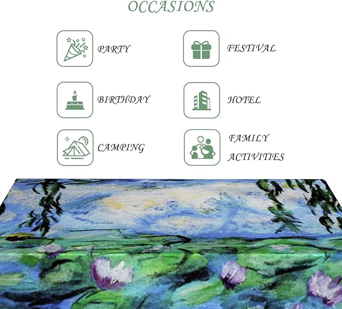 60x120 Inch Monet Water Lilies Rectangle Tablecloth Nature Landscape Impressionist Oil Painting French Vintage Table Cloth Waterproof Durable Table Cover for Kitchen Dining Party Art Home