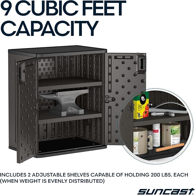 Suncast Heavy-Duty Resin Outdoor Storage Cabinet, 30" W x 20.25" D x 36" H Dark Grey Base Garage Storage Cabinet with Lockable Doors and Metal Reinforced Shelves, Made in the USA
