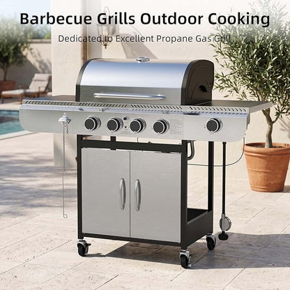 COWSAR 4-Burner Gas Grill, 42000 BTU BBQ Grill, Stainless Steel Barbecue Grill with Side Burner, Enameled Cast Iron Grill, Pull-Out Oil Tray, Suitable For Outdoor, Backyard Barbecues