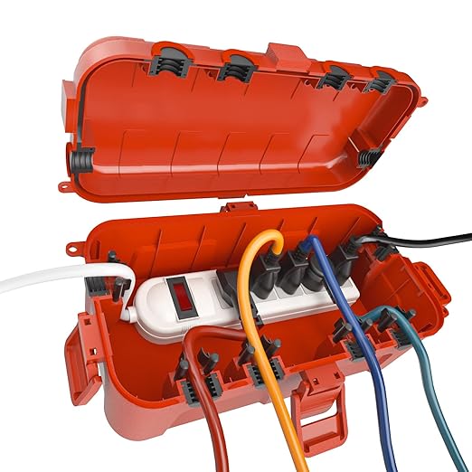 Flemoon Medium Outdoor Electrical Box (11.5x5.2x4 inch), IP54 Waterproof Extension Cord Cover w/6 Cable Entry Ports, Weatherproof Connection Box for Power Strip, Timer, Plug, Holiday Lights, Red