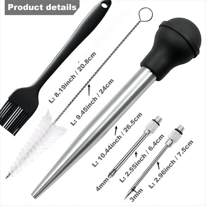 Turkey Baster, Baster Syringe for Cooking, Stainless Steel Turkey Baster with Silicone Bulb, Baster with Cleaning Brush &BBQ Brush&Marinade Needles, Baster for Home Baking&Kitchen Orange