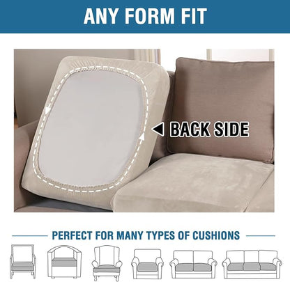 H.VERSAILTEX Velvet Stretch Couch Cushion Cover Plush Cushion Slipcover for Chair Loveseat Sofa Cushion Furniture Protector Seat Cushion Sofa Cover (2 Piece Large Sofa Cushion Covers, Ivory)