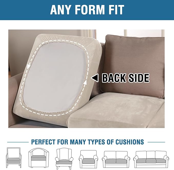 H.VERSAILTEX Velvet Stretch Couch Cushion Cover Plush Cushion Slipcover for Chair Cushion Furniture Protector Seat Cushion Sofa Cover (1 Piece Armchair Cushion Covers, Ivory)