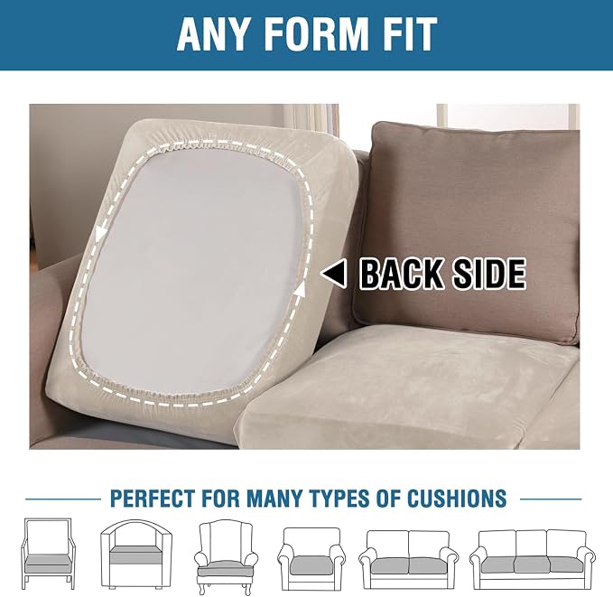 H.VERSAILTEX Velvet Stretch Couch Cushion Cover Plush Cushion Slipcover for Chair Loveseat Sofa Cushion Furniture Protector Seat Cushion Sofa Cover (3 Piece XL Sofa Cushion Covers, Ivory)