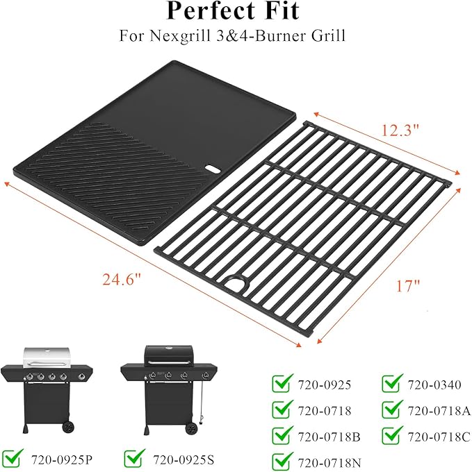 Hisencn 17" Cast Iron Cooking Grate and Griddle Replacement for Nexgrill 4 Burner 720-0925P 720-0925 720-0925S, Replacement Parts for 720-0340 720-0718A Gas Grill