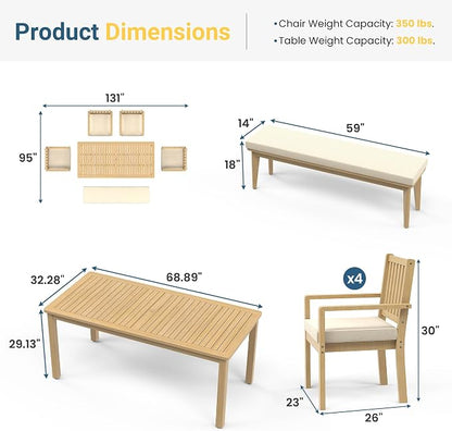 Wisteria Lane 6 Pieces Acacia Outdoor Patio Table and Chairs Set for 6, Patio Outdoor Dining Table Set with with Bench and Cushion, Modern Outdoor Patio Set for Deck Lawn Backyard Garden, Brown